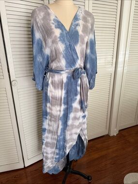 Women's Blue and Gray Tie-Dye Wrap Dress with Belt